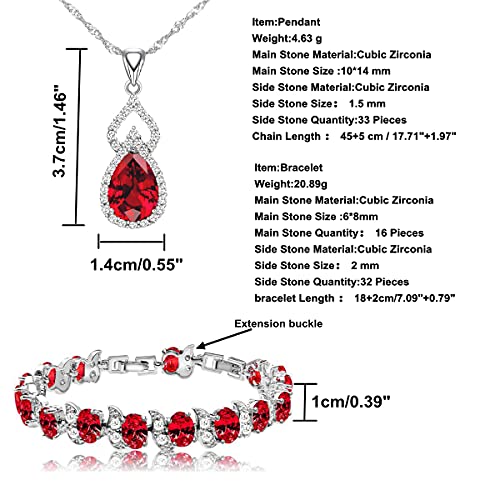 LMXXVJ Women Jewelry Set Platinum Plated Necklace Open Ring Earrings Bracelet Set,Birthday/Anniversary Mother’s Day Jewelry Gifts for Mom/Wife/Sister/Best Friend - color: Garnet Red