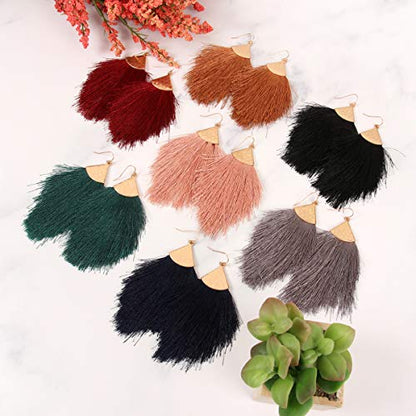 Bohemian Silky Thread Fan Fringe Tassel Statement Earrings - Lightweight Strand Feather Shape Dangles - color: Feather Fringe - Gray