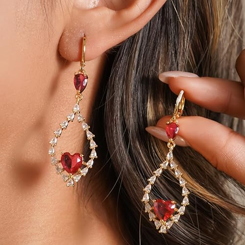 18K Gold Plated Flower Dangle Earrings for Women, Hypoallergenic Cubic Zirconia Earrings, Elegant CZ Drop Earrings, Statement Jewelry Gifts Party Fashion - style: OBS7508-Red