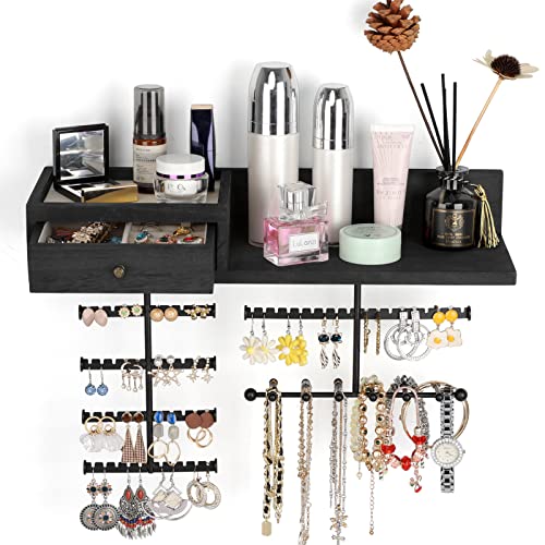 VINAEMO Jewelry Organizer Hanging Wall Mounted Jewelry Holder with Rustic Wood Drawer & Large Capacity Storage Shelf Rack Display for Earrings Rings Necklaces Bracelet(Black) - color: Black