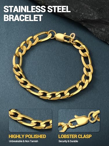 PROSTEEL Bracelets for Men, Figaro/Cuban Mens Bracelet, Silver/Gold/Black | 6/9/13mm Width, 7.5/8.3/9" Length, Stainless Steel Mens Bracelet, Durable & Non Tarnish, Chunky Jewelry with Gift Box - style: B 9mm-Figaro-Gold