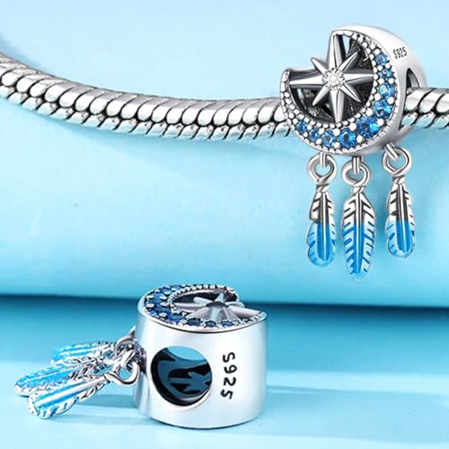 925 Sterling Silver Charms for Bracelets and Necklace Religious Cross Pendants Praying Hands, Bible, Virgin Mary, Jesus, Church Bead Jewelry - color: Star Moon Tassel Feather