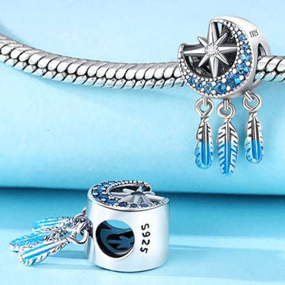 925 Sterling Silver Charms for Bracelets and Necklace Religious Cross Pendants Praying Hands, Bible, Virgin Mary, Jesus, Church Bead Jewelry - color: Star Moon Tassel Feather