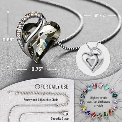 Leafael Gift Necklaces for Women, Infinity Love Birthstone Heart Crystal Pendant, Birthday Anniversary Jewelry for Wife, Mom, and Her, Silver Plated, 18" + 2" Adjustable Chain - color: 13c-Protection-Crystal Black