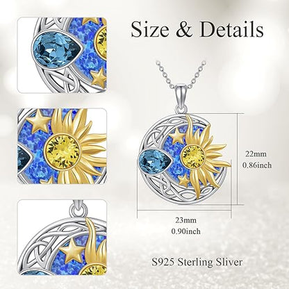 AOBOCO 925 Sterling Silver Moon Sun Star Necklace Celtic Jewelry for Women Girls - color: Silver&Gold&Blue&Purple Opal