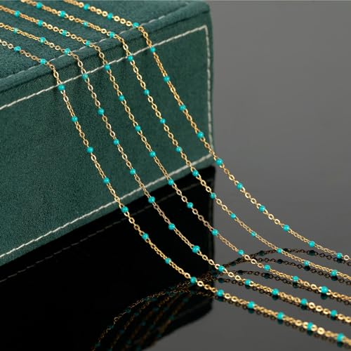 KYUNHOO 16.4 Feet Turquoise Beaded Rosary Spool Gold Plated Chains Bulk | Stainless Steel Chains for Jewelry Making Necklace Ankle Earring DIY Jewelry Findings - color: Gold-Turquoise