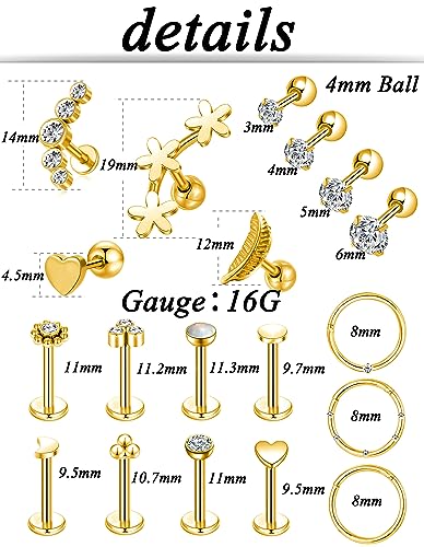 Tornito 9-30Pcs Cartilage CZ Stud Earrings Conch Forward Helix Tragus Daith Piercing Lip Rings Snake Heart Butterfly Jewelry for Women Men 16G Silver Gold Tone - color: C2:19PCS, Gold Tone