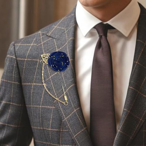 Gold Lapel Pin for Men, Gold Foil Brooch Men's White Flower Satin Lapel Pin with Metal Chain for Suits Professional Tuxedo Groom Wedding Brooch - color: Navy Blue