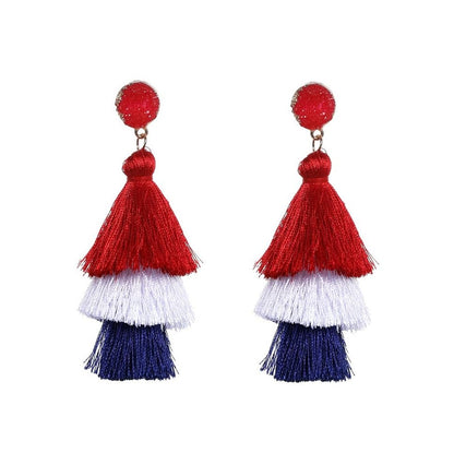 Boho Statement Tassel Earrings - Clip On Feather Dangling Fringe Earrings for Women - Non Piercing Jewelry for Vacation, Beach, Bride, Bachelorette, Costume, Prom - color: Stud Earrings-Red White Blue