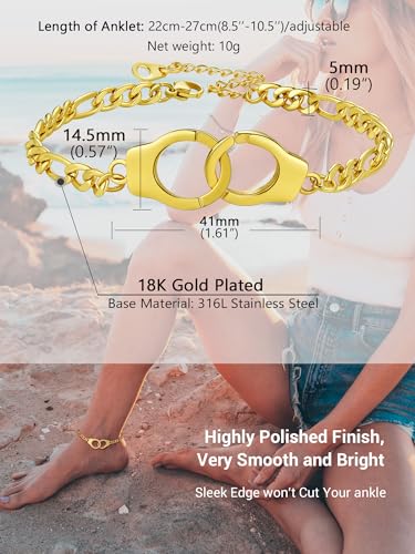 PROSTEEL Trendy Handcuffs Design/Customize Words Ankle Bracelet For Women, 316L Stainless Steel Anklets Silver/Gold/Black Tone, Hypoallergenic, Come with Box - style: 02 Handcuffs Anklet(8.5"-10.5")-Luxury Gold
