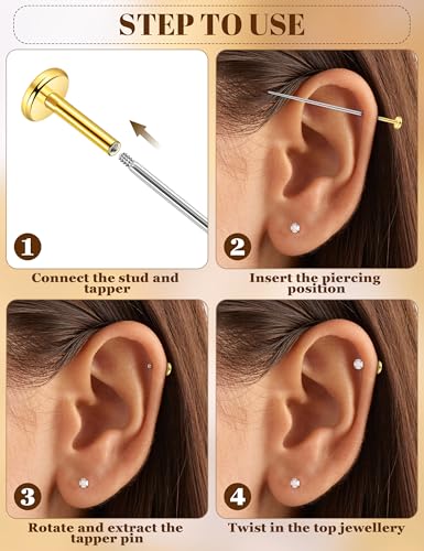 12Pcs 16G/18G Flat Back Cartilage Stud Earrings 18K Gold Plated Helix Stud Earrings for Women 316L Surgical Steel Internally Thread Hypoallergenic Labret Tragus Conch Lip Piercing Jewelry - color: Gold, size: 16G(1.2mm)