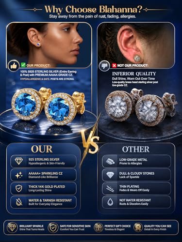 2 Pairs S925 Sterling Silver Stud Earrings for Women Halo Cubic Zirconia | 14K Gold Plated Hypoallergenic Non Tarnish Round Square Silver Stud Earring for Women Men Dainty Trendy Jewelry - style: Gold-Blue Stone