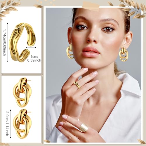 Misdary 3 Pcs Jewelry Gifts Set Bracelets Earrings Ring Cuff Bangle for Women Wedding Birthday Gifts - color: Gold, style: Irregular