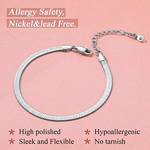 FindChic Elegant Herringbone Snake Chain Anklets/Bracelets 3MM/5MM Width Stainless Steel/18K Gold/Rose Gold Plated/Black 4 Color Options, 8.3'' 8.5'' 10.5'' Length, with Gift Box - color: A: 5mm 8.5'' anklet (Stainless Steel)