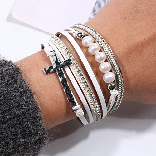 Vercret Leather Wrap Bracelet for Women, Multi-Layer Cuff Bangle | Boho Stacked Bracelets with Safe Clasp Western Bangle Jewelry Gift for Lady and Mom Sister Friend - style: Pearl Cross White