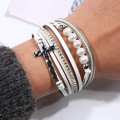 Vercret Leather Wrap Bracelet for Women, Multi-Layer Cuff Bangle | Boho Stacked Bracelets with Safe Clasp Western Bangle Jewelry Gift for Lady and Mom Sister Friend - style: Pearl Cross White