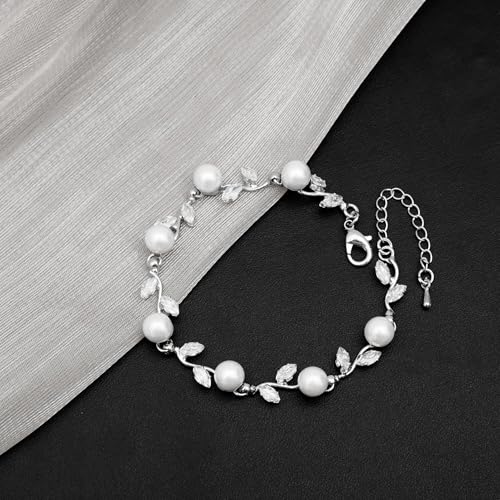 Elegant Bridal Jewelry Sets for Wedding Bride Leaf Shape Cubic Zirconia Necklace Earrings Bracelet Set Prom Costume Accessories - color: White CZ+White Pearl- Platinum