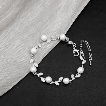 Elegant Bridal Jewelry Sets for Wedding Bride Leaf Shape Cubic Zirconia Necklace Earrings Bracelet Set Prom Costume Accessories - color: White CZ+White Pearl- Platinum