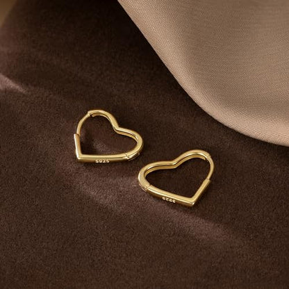 Reffeer Solid 925 Sterling Silver Heart Earrings Hoop Minimalist Sleeper Huggie Earrings For Women - color: B-Yellow