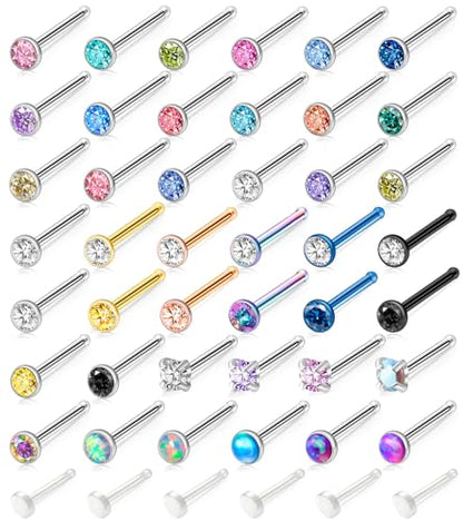 36-44 Pcs 18G 20G Nose Rings Studs Nose Rings for Women Nose Piercings Jewelry Surgical Stainless Steel Nose Studs Moon Star Heart Butterfly Hypoallergenic Body Piercing Jewelry for Women Men - color: 18G Colorful E-Straight- 50 Pcs