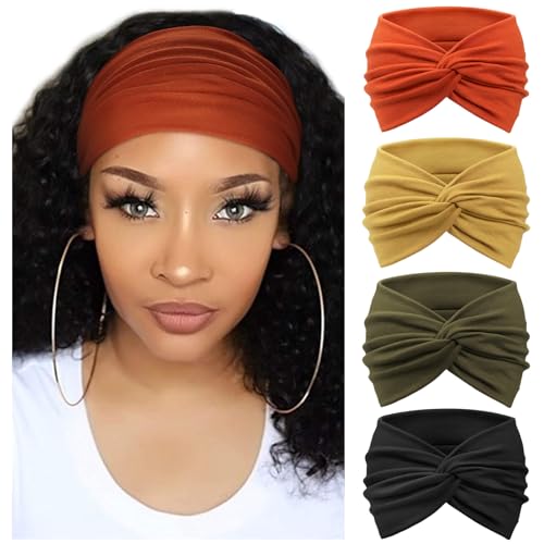 DRESHOW 4 Pack Turban Headbands for Women Wide Vintage Head Wraps Knotted Cute Hair Band Accessories - color: 4 Pcs: Black, Ginger, Tangerine, Army Green