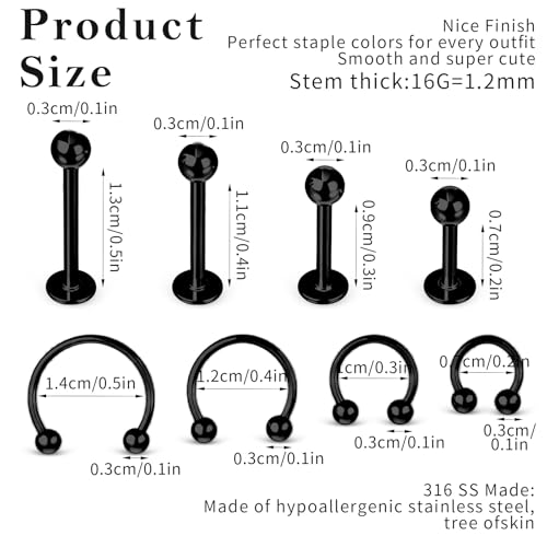 32Pcs Lip Rings for Women 16G Stainless Steel Horseshoe Labret Studs Monroe Lip Barbell Ring Snake Bite Piercing Jewelry Helix Earring Daith Tragus Cartilage Surgical Steel Jewelry - color: Black