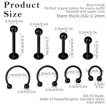 32Pcs Lip Rings for Women 16G Stainless Steel Horseshoe Labret Studs Monroe Lip Barbell Ring Snake Bite Piercing Jewelry Helix Earring Daith Tragus Cartilage Surgical Steel Jewelry - color: Black