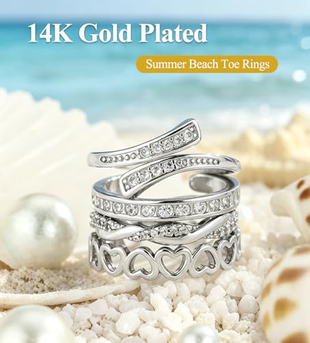WAINIS 18Pcs Toe Rings for Women | 14K Gold Silver Plated Adjustable Toe Ring,Non Tarnish Simple Hug CZ Triple Open Band Toe Rings,Summer Beach Foot Jewelry - color: silver1
