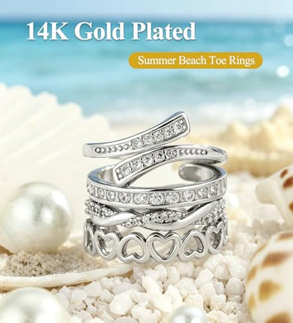 WAINIS 18Pcs Toe Rings for Women | 14K Gold Silver Plated Adjustable Toe Ring,Non Tarnish Simple Hug CZ Triple Open Band Toe Rings,Summer Beach Foot Jewelry - color: silver1