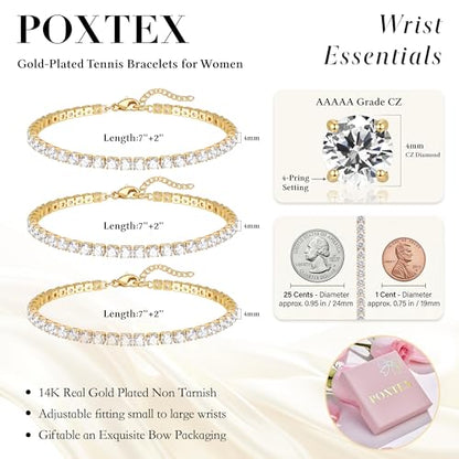 925 Sterling Silver Bracelets for Women Stack, Trendy Tennis Bangle Cuff Jewelry Set 14K Gold Plated, Adjustable Bracelet Set for Wrist Essentials, Women Fashion Watch Band Acecessories - style: Bracelet_3pcs(Gold Tennis Set 4mm)