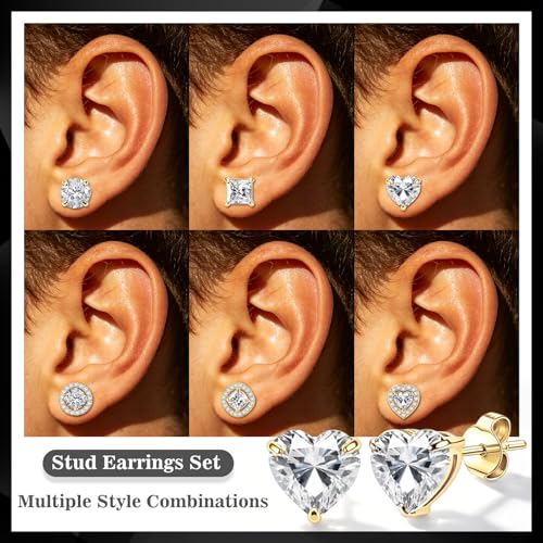 ONESING 6 Pairs Stud Earrings for Women 14K Gold/Silver Plated Hypoallergenic Cubic Zirconia Earrings Studs Stianless Round Square Heart CZ Stud Earrings Set for Women Men - color: Gold