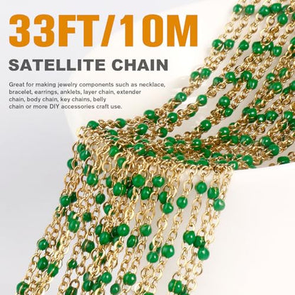 33FT 2mm Gold Cable Chains Green Enamel Chains Bulk Roll for Jewelry Making | 18K Gold PVD Plated Stainless Steel Enamel Beaded Chains Roll for Necklace Bracelet - color: Gold Green Beads