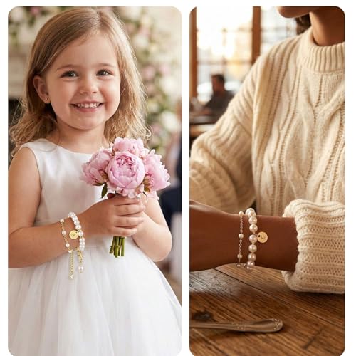 Fizzlup 2Pcs Pearl And Gold Initial Bracelet Set，Dainty Pearls Bracelets Jewelry for Women Wedding Prom Trendy Crystal Charm Cuff Stack Bead Linkbracelet Personalized Gift Stuff Letter - color: S