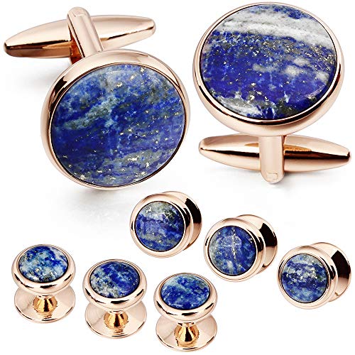 HAWSON Cufflinks and Tuxedo Studs Set for Men with Gift Box, Mother-of-Pearl Cuff links for French Cuff Shirt and Dress Shirt, Suitable for Wedding, Birthday, Party - style: Lapis Stone