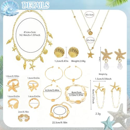 Seashell Starfish Jewelry Set for Women Ocean Vacation Accessories Layered Charm Necklace Bracelets Earrings Rings Anklet Summer Beach Jewelry Gifts - style: Style:Gold Ocean B