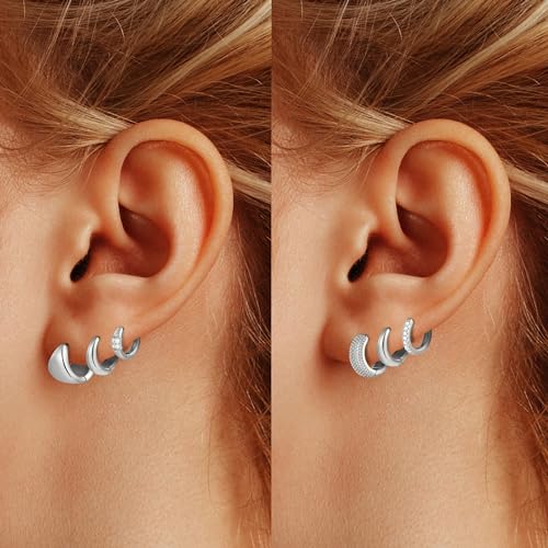 Wgoud Small Gold Hoop Earrings Set for Women, 6 Pairs 14K Gold Plated Hypoallergenic Lightweight Huggie Hoops Earrings, Trendy Cartilage Cubic Zirconia Earrings for Women Gifts. - color: F-Silver hoops