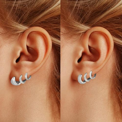 Wgoud Small Gold Hoop Earrings Set for Women, 6 Pairs 14K Gold Plated Hypoallergenic Lightweight Huggie Hoops Earrings, Trendy Cartilage Cubic Zirconia Earrings for Women Gifts. - color: F-Silver hoops