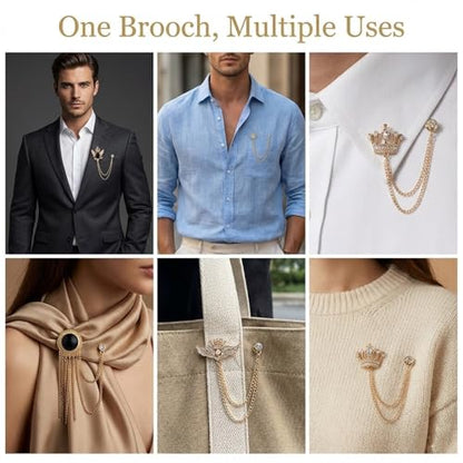 6 Pcs Tassel Chain Brooch Collar Pins Rhinestones Crown Eagle Star Wings Mens Suit Accessories for Shirt Tuxedo Tie Hat Scarf Decoration