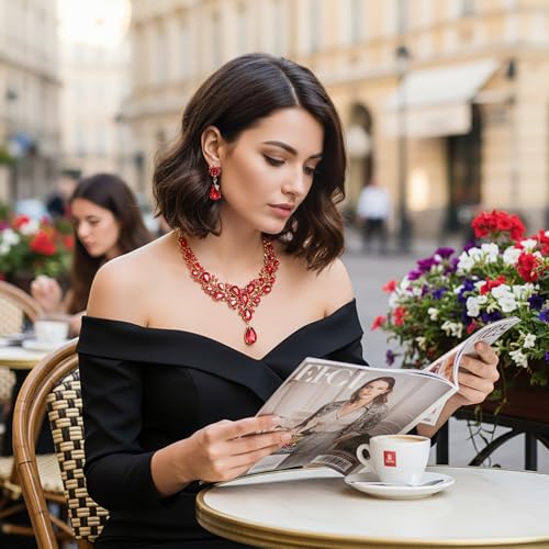Hicarer Bridal Teardrop Cluster Crystal Jewelry Set for Women Necklace Earrings Wedding - color: Red and Gold