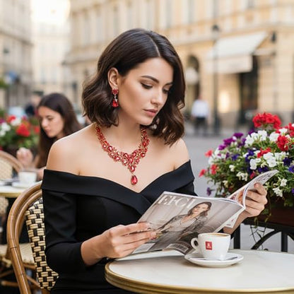 Hicarer Bridal Teardrop Cluster Crystal Jewelry Set for Women Necklace Earrings Wedding - color: Red and Gold