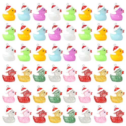 64Pcs Christmas Resin Duck Charm, Luminous Glitter Mini Duck Pendant | Premium Resin, Xmas Ducks Figurines Ornament Pendant, DIY Crafts, Bracelet Necklace Earrings Jewelry Making Decorations - style: Christmas Ducks Style