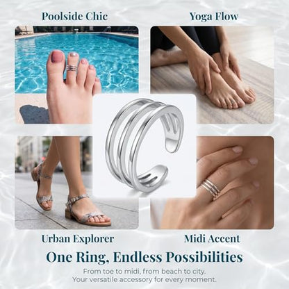 Toe Rings Silver 3 Row Adjustable Band Ring for Women Open Toe Jewelry Copper Minimalist Mens Foot Accessory