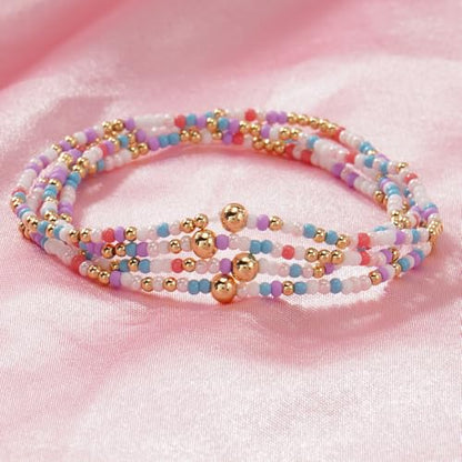 Seed Beaded Stack Bracelets Set for Women,Small Boho 4Pcs Colorful Handmade Dainty Trendy Gold Stretch Accessories Jewelry, Summer Daily Party Friendship Gift - color: Purple White