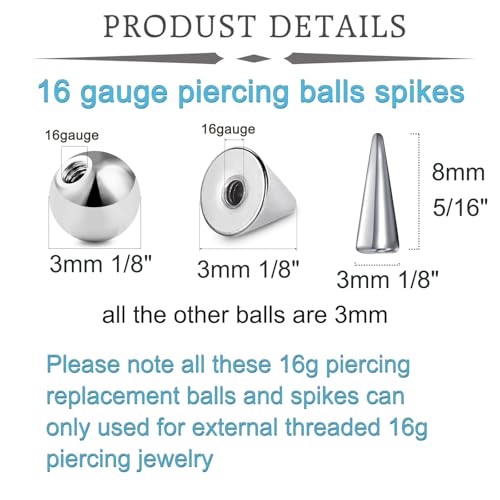 QWALIT 16gauge 14gauge Stainless Steel Replacement Balls for Lip Studs Labret Earrings Piercing Jewelry Septum Rings Externally Threaded Plastic Balls 3mm - 8mm - color: Set B2-16g -balls+spikes-mix colors