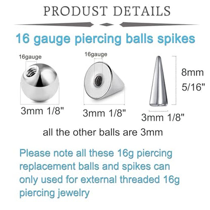 QWALIT 16gauge 14gauge Stainless Steel Replacement Balls for Lip Studs Labret Earrings Piercing Jewelry Septum Rings Externally Threaded Plastic Balls 3mm - 8mm - color: Set B2-16g -balls+spikes-mix colors