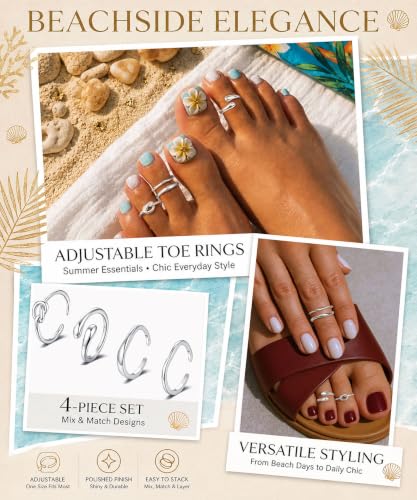 4Pcs Toe Rings for Women Non Tarnish 14K Gold Filled Toe Ring Adjustable Flower CZ Band Wave Dainty Toe Ring Summer Beach Open Toe Rings Set Waterproof Toe Jewelry Foot Jewelry - color: Silver toe rings wave