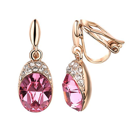 Yoursfs Wedding Clip on Earrings For Women 18K Gold Plated Halo Big Austrian Crystal Dangle Earring Birdal Jewelry - color: Pink