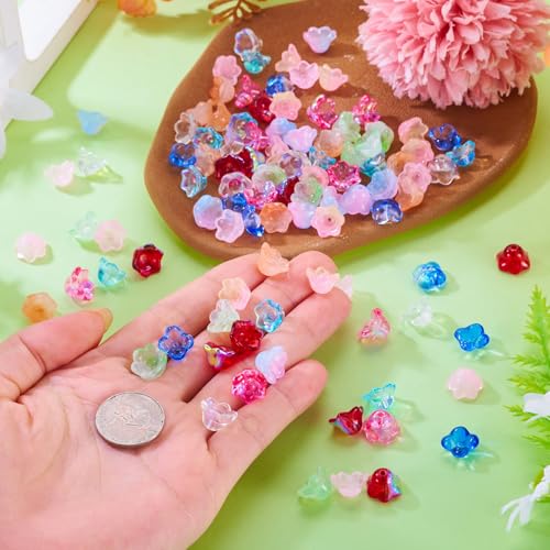 100Pcs Sparkle Glass Flower Beads Caps for Jewelry Making Cute Bell Flower Glass Beads Bulk Crystal Fishing Bead for Wind Chimes Handmade Earring Crafts Supplies - color: Colorful