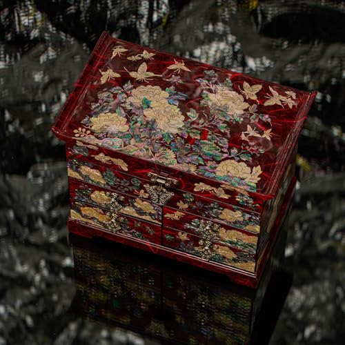 February Mountain Mother of Pearl Wooden Jewelry Organizer Box – Jewelry Storage Box for Women, Features Spacious Drawers, Ideal for Rings, Bracelets, Watches, Chains, Accessories - style: Peony_Red