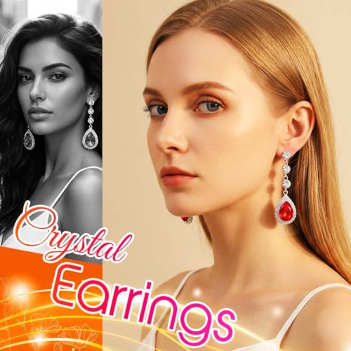 Catery Rhinestone Earrings Silver Crystal Teardrop Earrings Long Wedding Jewelry for Women - color: Red